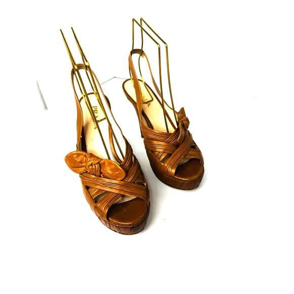 Prada Tan Leather Slingback Heels Size 36 Knotted Platform Sandals - Picture 9 of 11